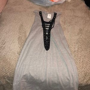 Grey dress with black criss cross down middle